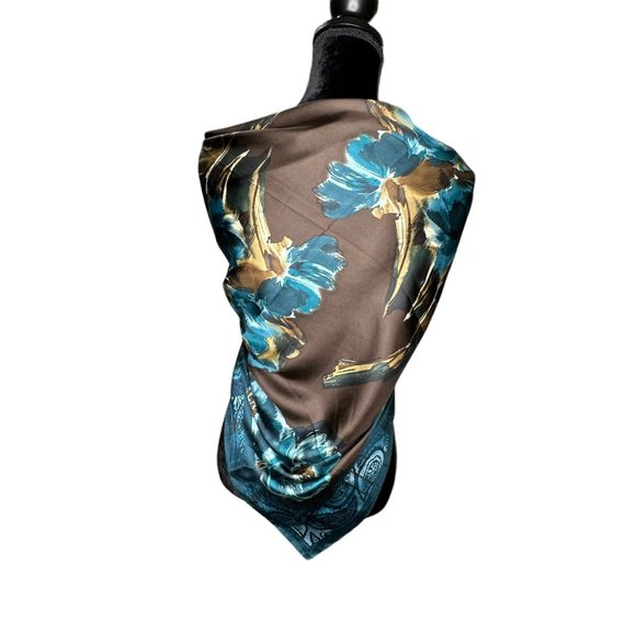 Adrienne Vittadini Scarf Womens Square 34" Brown Blue Floral Flowers Silk Vintag - Picture 4 of 11
